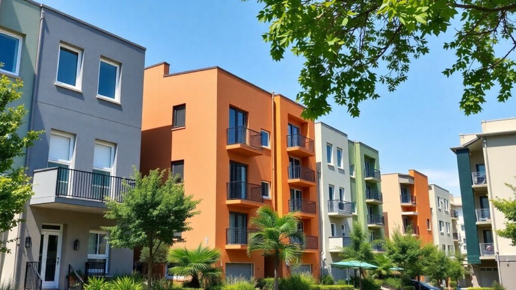 Moderne Fassaden mit aktuellen Trendfarben in einer Wohnstraße