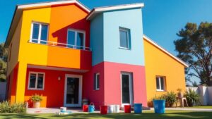 Hausfassade wird von Malern mit Farbe gestrichen